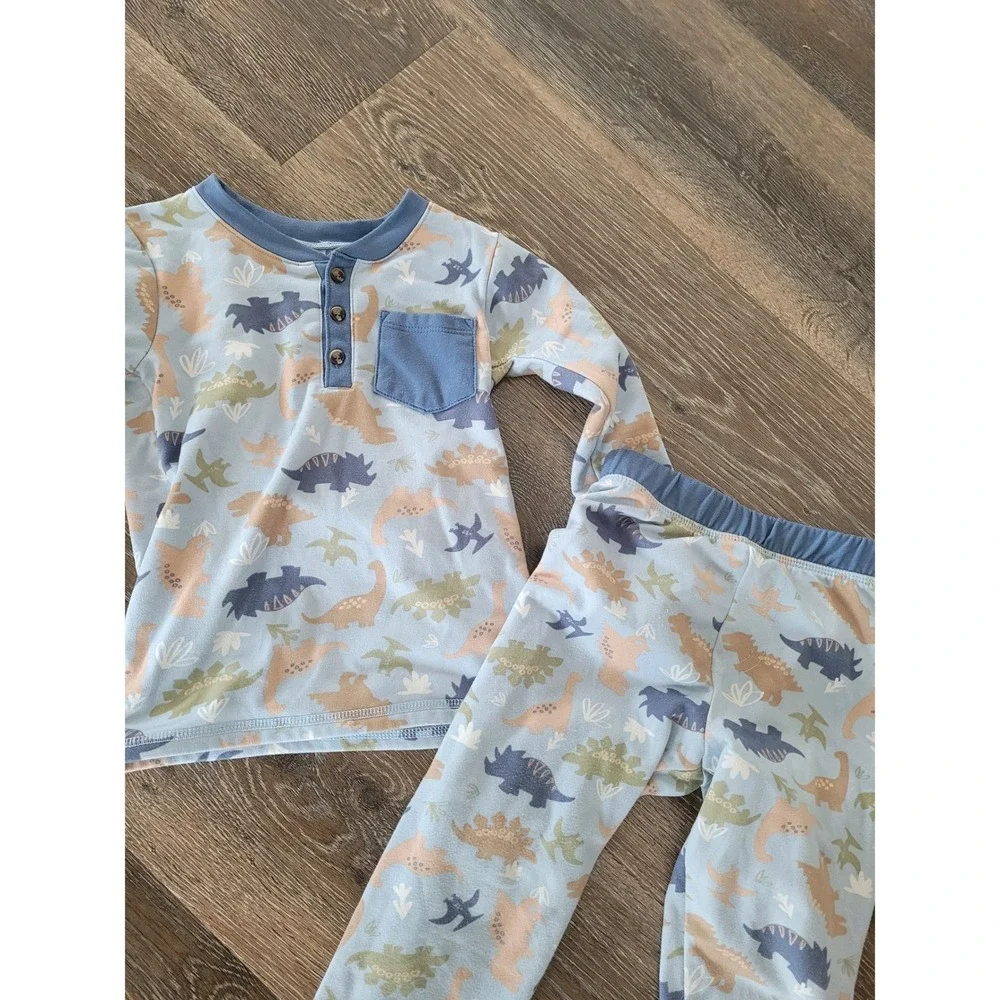 Kidtopia Sleepwear Boys 4T Blue Dinosaur Henley Top Jogger Pajama Set Soft #2